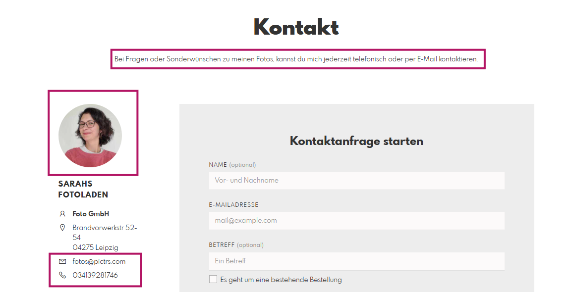 Kontaktseite im PIctrs-Shop