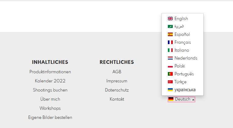 Sprachselektor im Footer eines Pictrs-Shops
