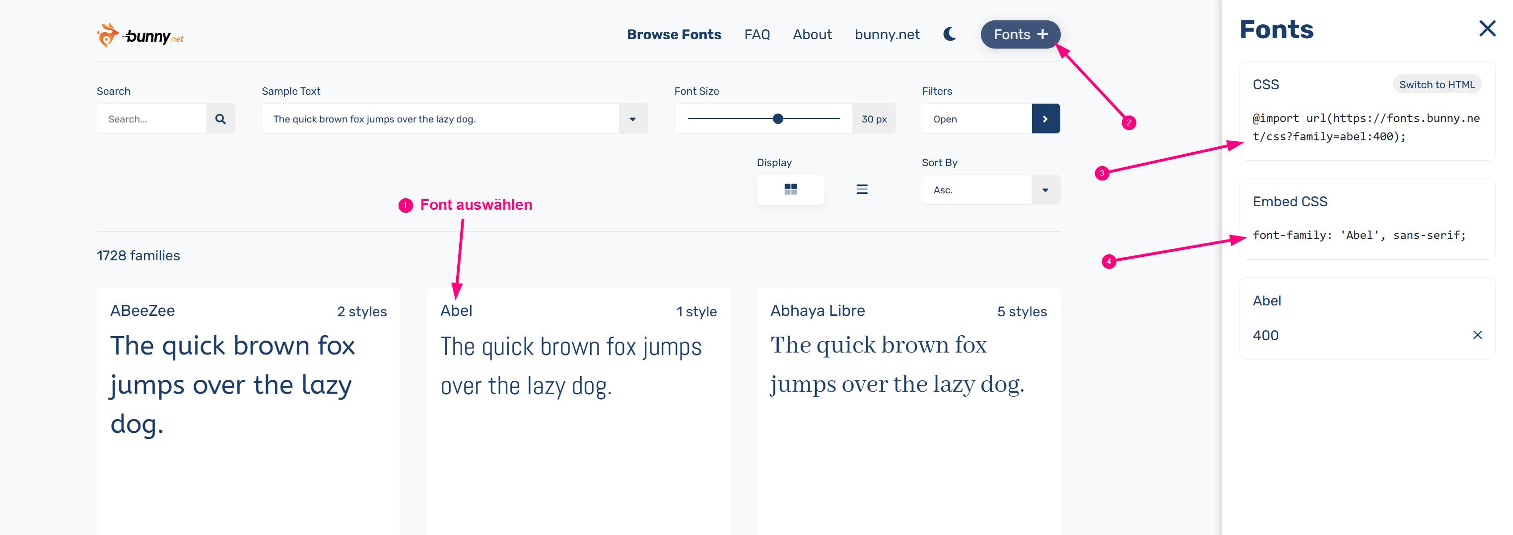 Schriftart auswählen und CSS-Code kopieren und einbinden
