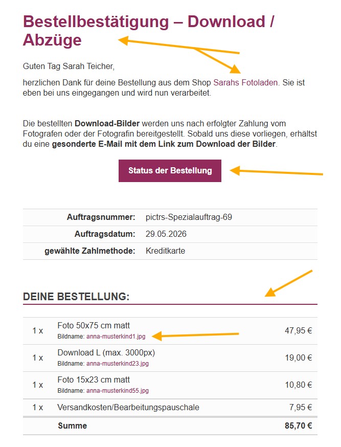 Highlightfarbe im Pictrs-Shop auch in E-Mails