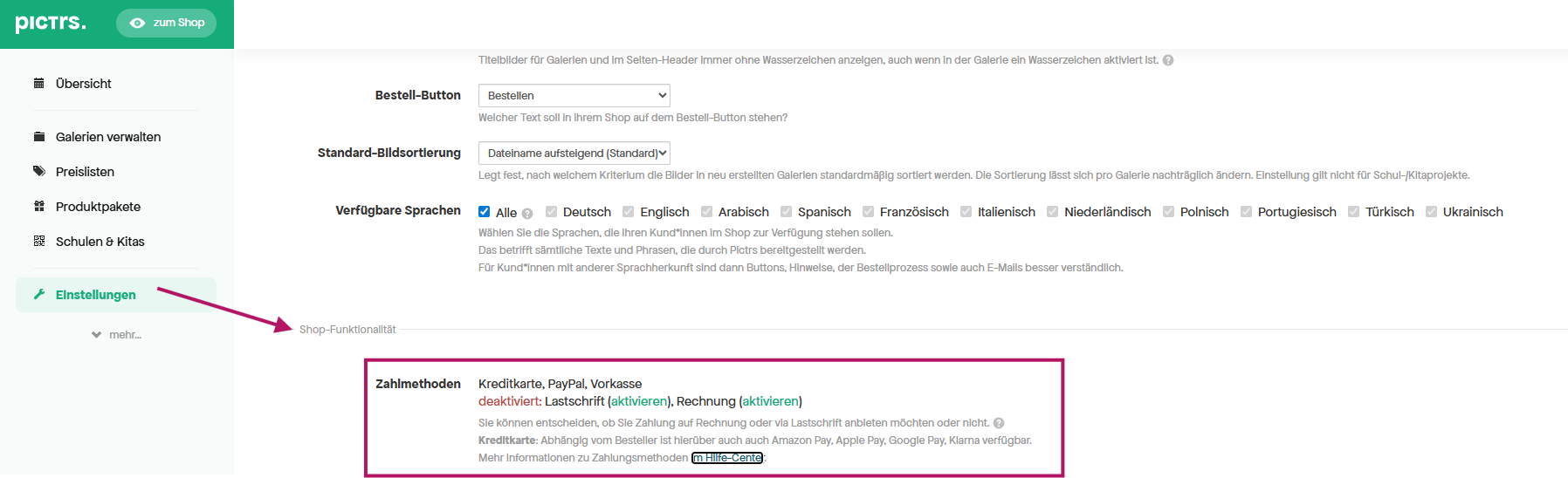Zahlmethoden im Pictrs-Shop