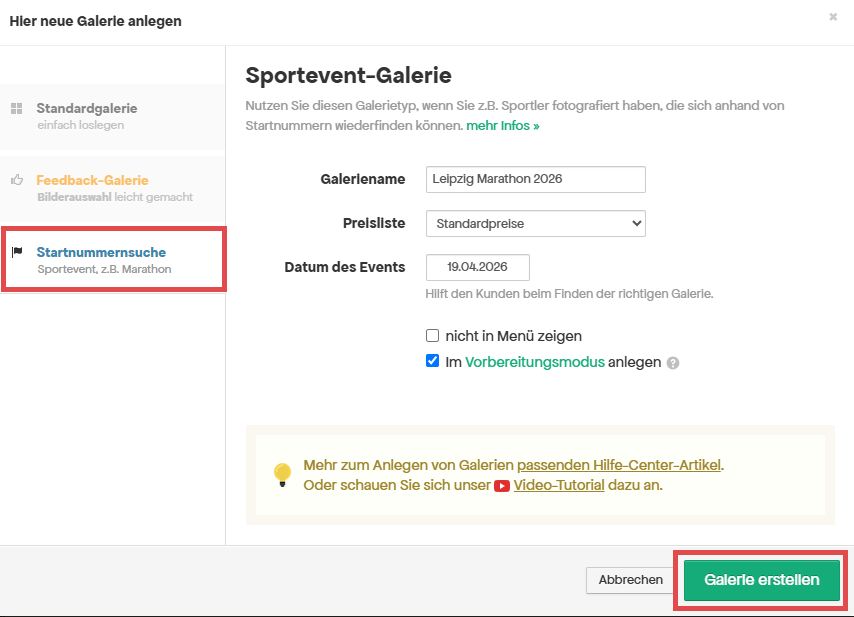 Fotogalerie mit Startnummernsuche bei Picrtrs anlegen