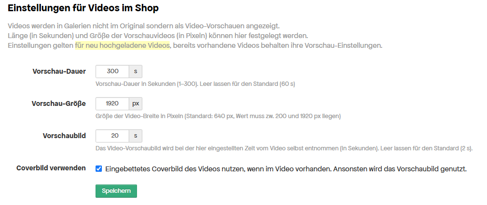 Einstellungen für Videos im Shop