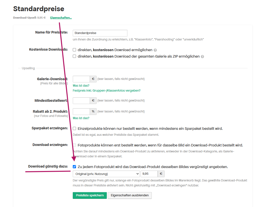 Upselling-Funktion im Pictrs-Shop konfigurieren: Download günstiger beim Kauf eines Printprodukts