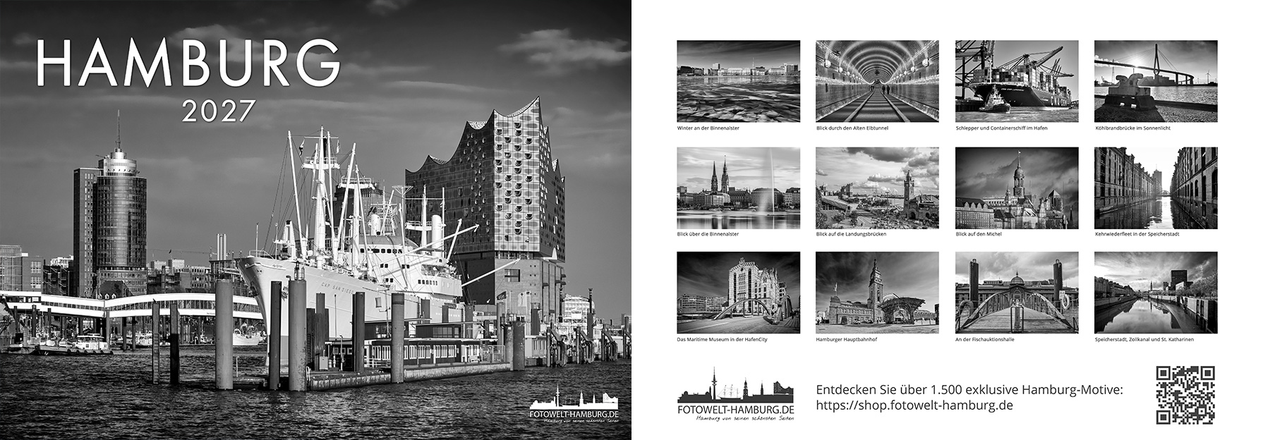 Hamburg Kalender 2027 in Schwarz-Weiß